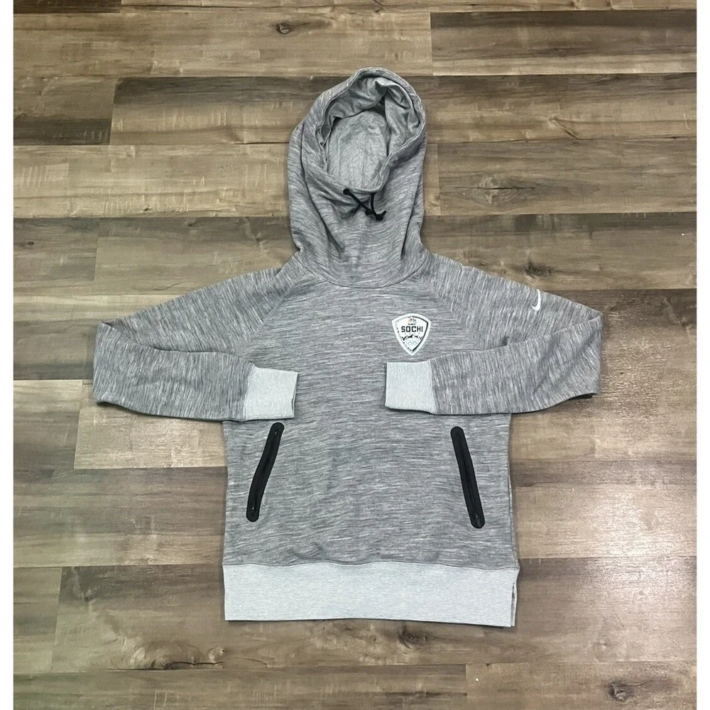 Nike Sochi 2014 Winter Olympics Gray Hoodie Size M Tech Fleece Red Tag Cowl Neck